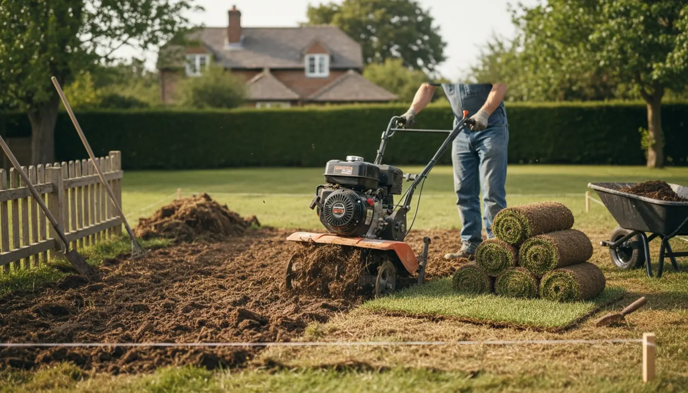 Baghave under fræsning med rullegræs og værktøj klar til lægning.