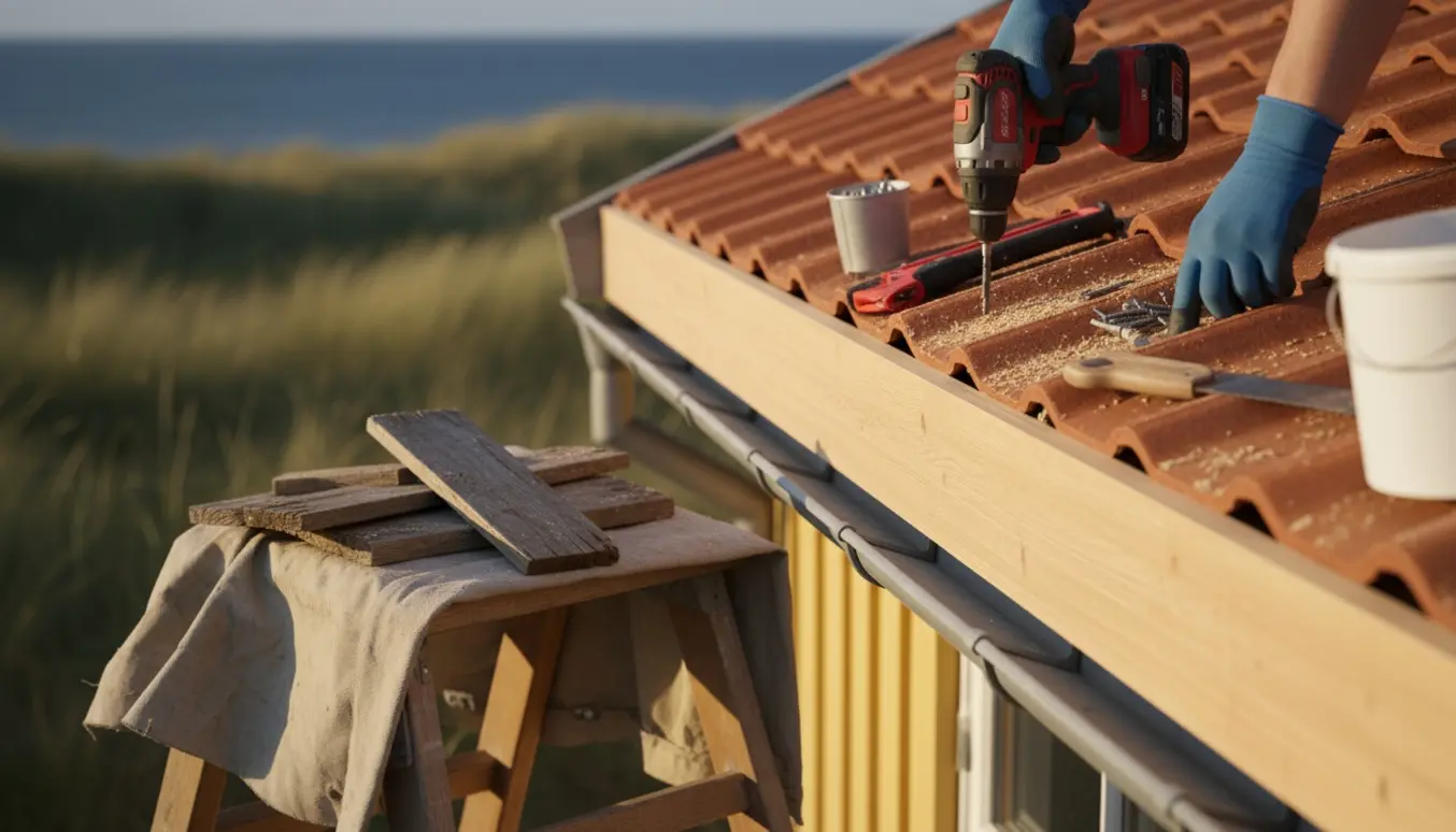 Nærbillede af hænder, der monterer nye sternbrædder på et sommerhus ved kysten i Hals.