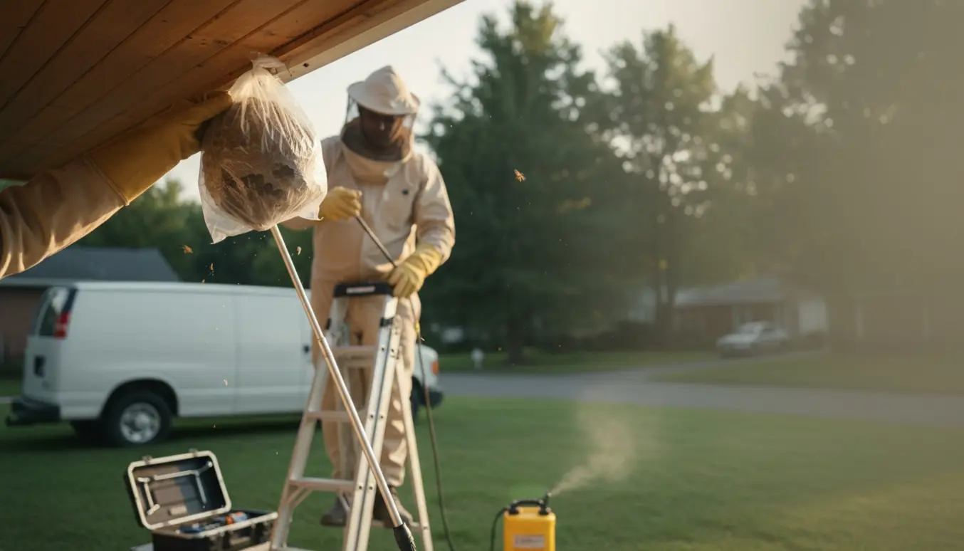 Professionel i beskyttelsesdragt fjerner et hvepsebo fra husets udhæng med værktøj og sikkerhedsudstyr.