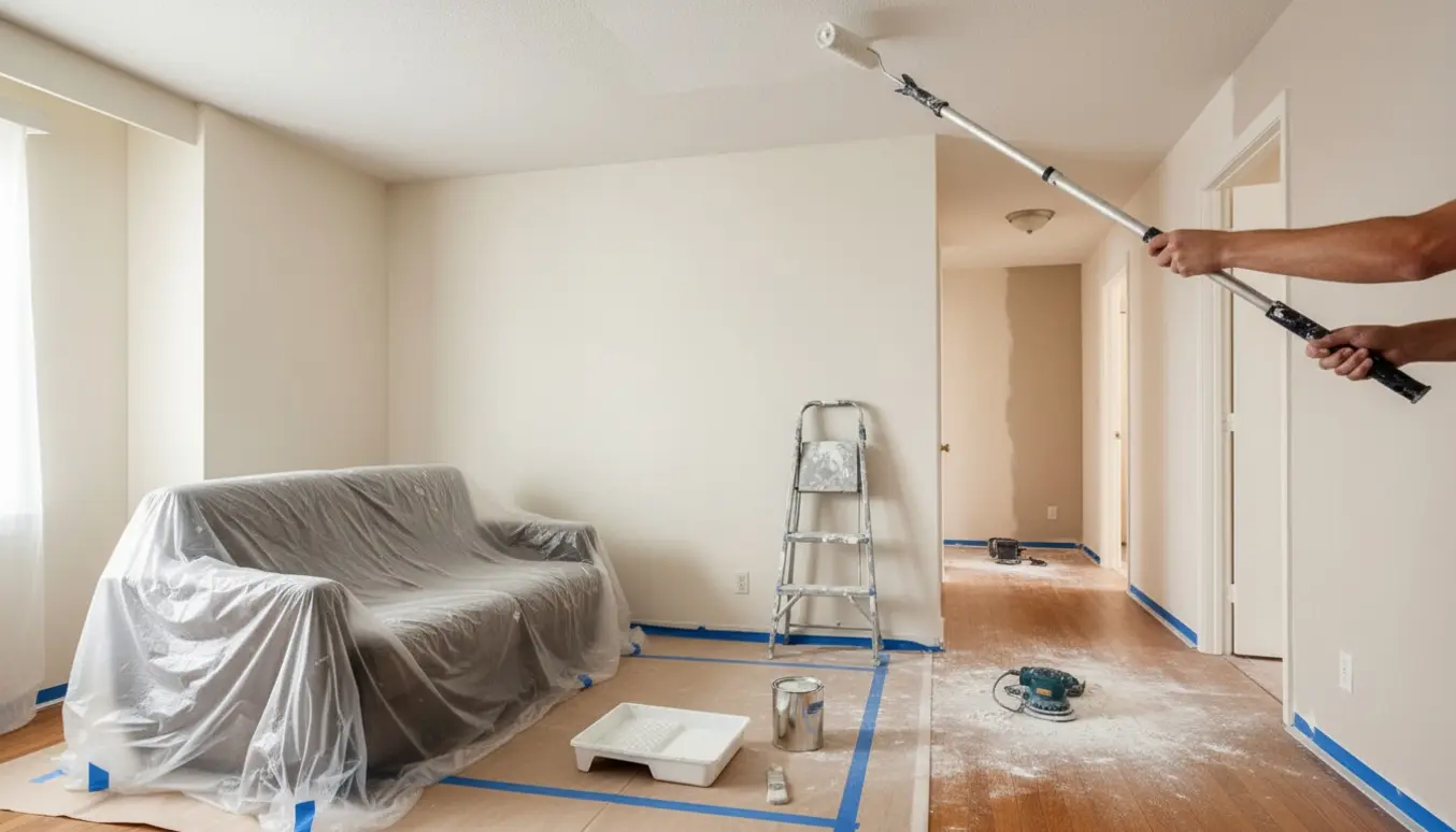 Loft i stue males med rulle, møbler afdækkede, og gang med slibeværktøj i baggrunden.