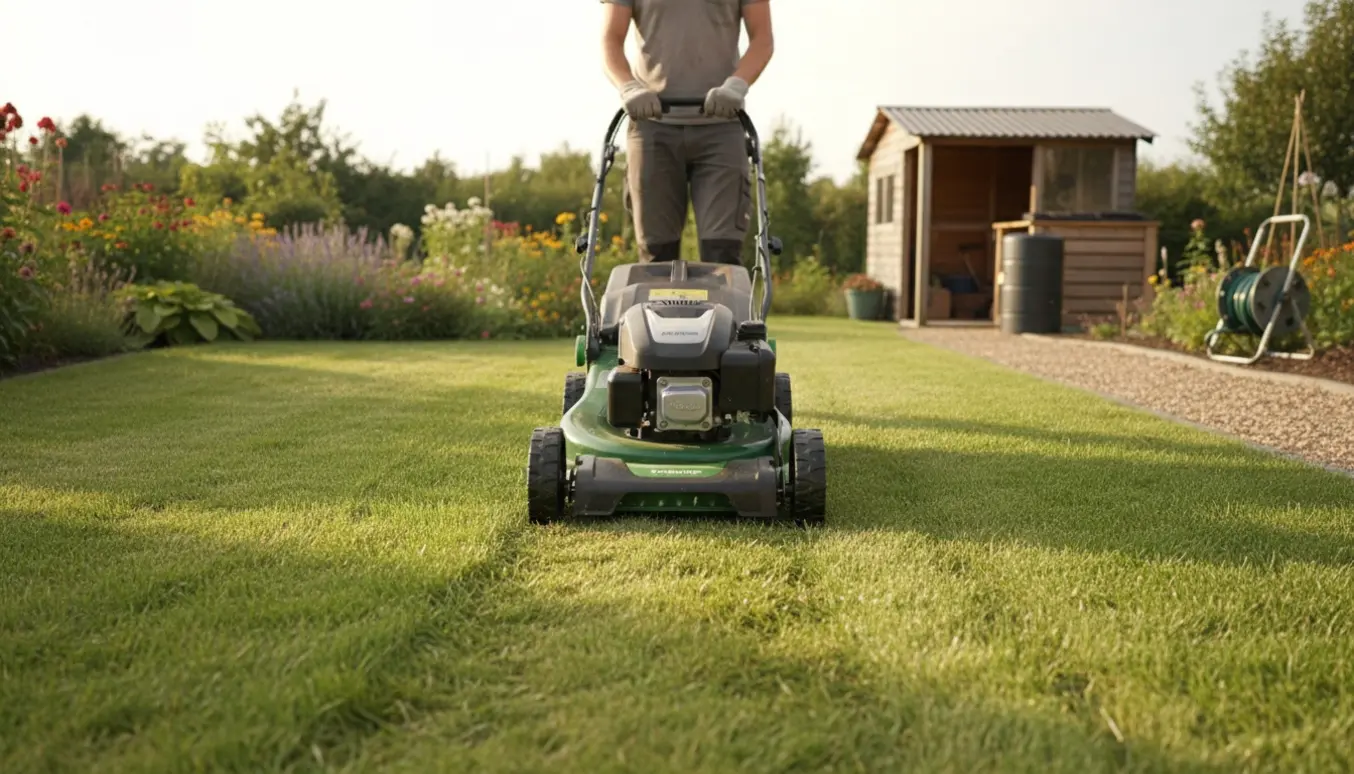 En flad, tilgængelig græsplæne bliver slået med en bioklip-slåmaskine, som efterlader fint muldet græs.