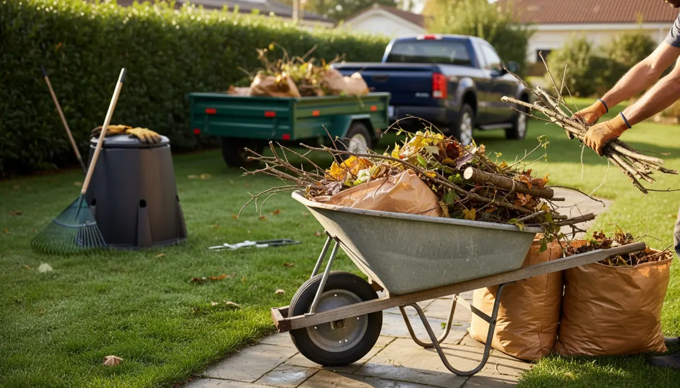 Trillebør fyldt med haveaffald ved en nyslået græsplæne, handske-klædte hænder binder grene klar til bortkørsel.