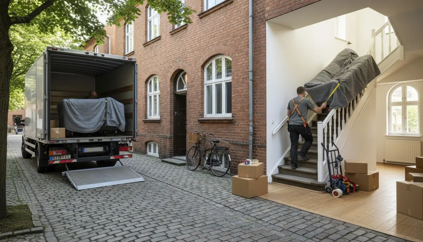 Lastbil udenfor og flyttefolk løfter en indpakket sofa op ad en indvendig trappe i en dansk lejlighed.