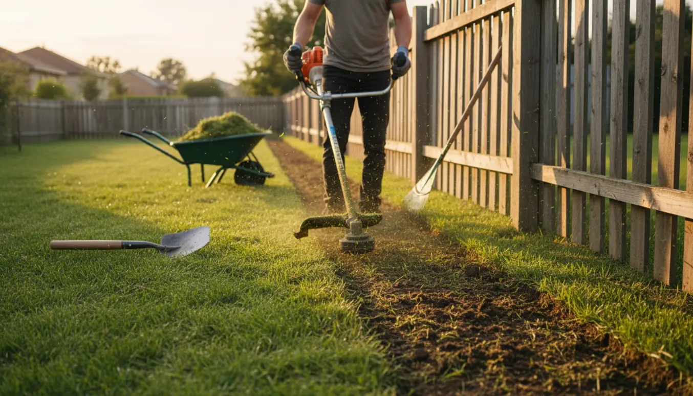 Græs renses langs et træhegn med en trimmer og haveredskaber, der efterlader en ryddet stribe jord.