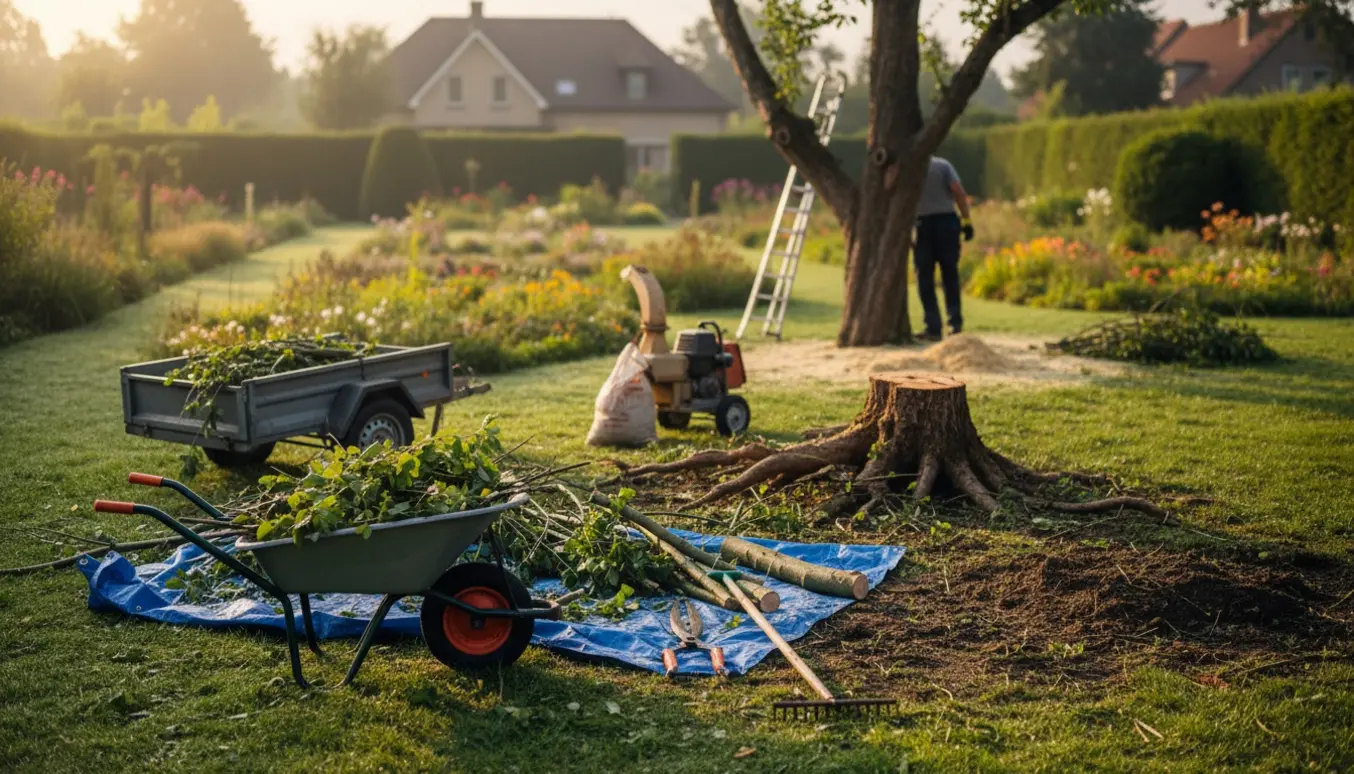 Rydning og beskæring af en overgroet have med værktøj, stød og trailer til haveaffald.