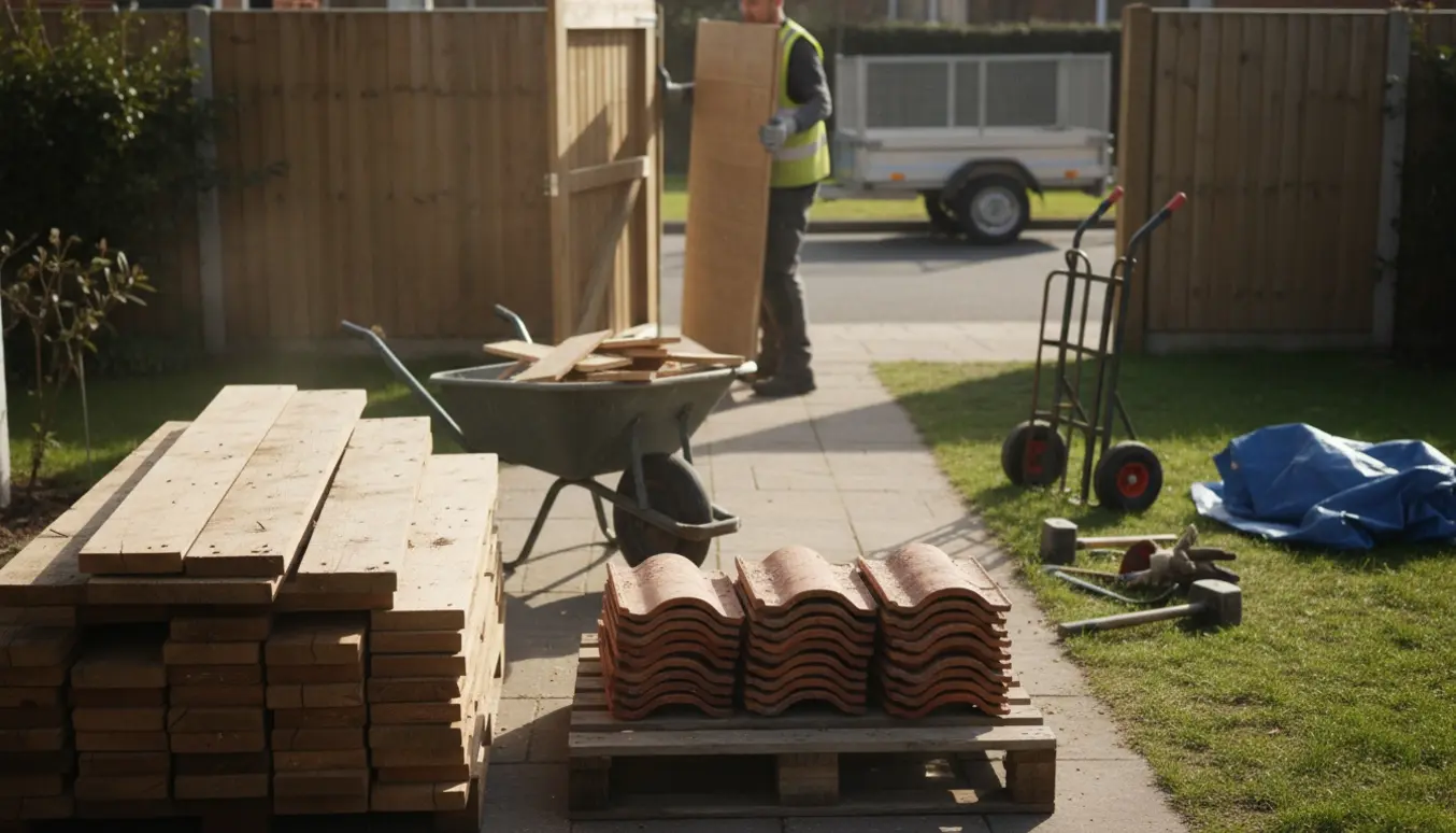 Nedrevet træanneks i baghave med bunker af træ og tegl klar til bortkørsel gennem en smal havelåge.