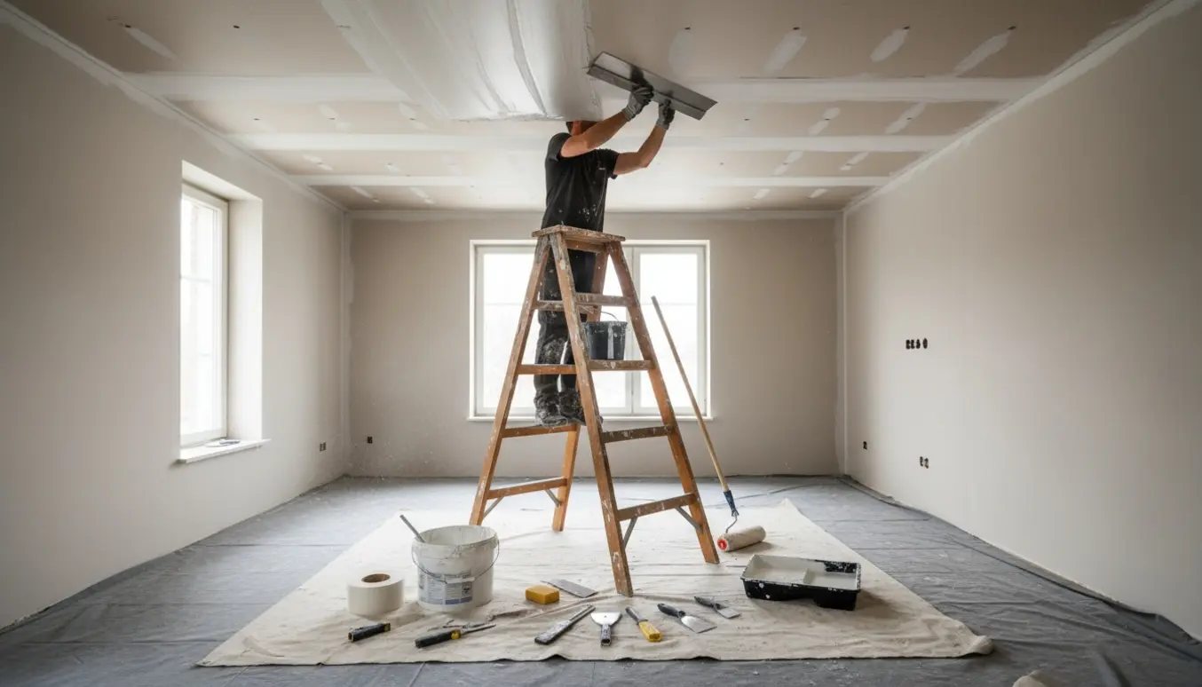 Wienerstige og værktøj mens hænder spartler og maler et nyt gipsloft i blødt dagslys.