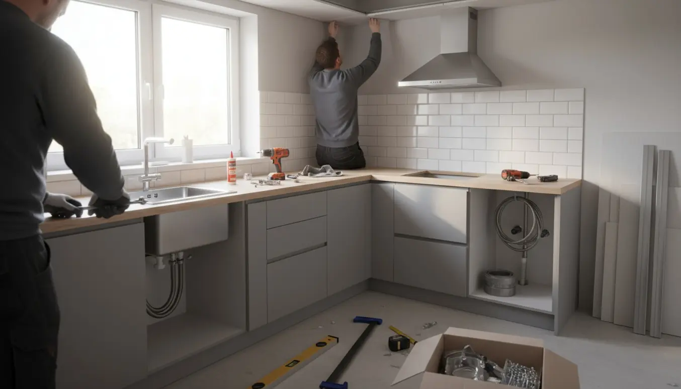 Tømrer set bagfra installerer laminatbordplade, vask og emhætte i et L-formet køkken med materialer og værktøj fremme.