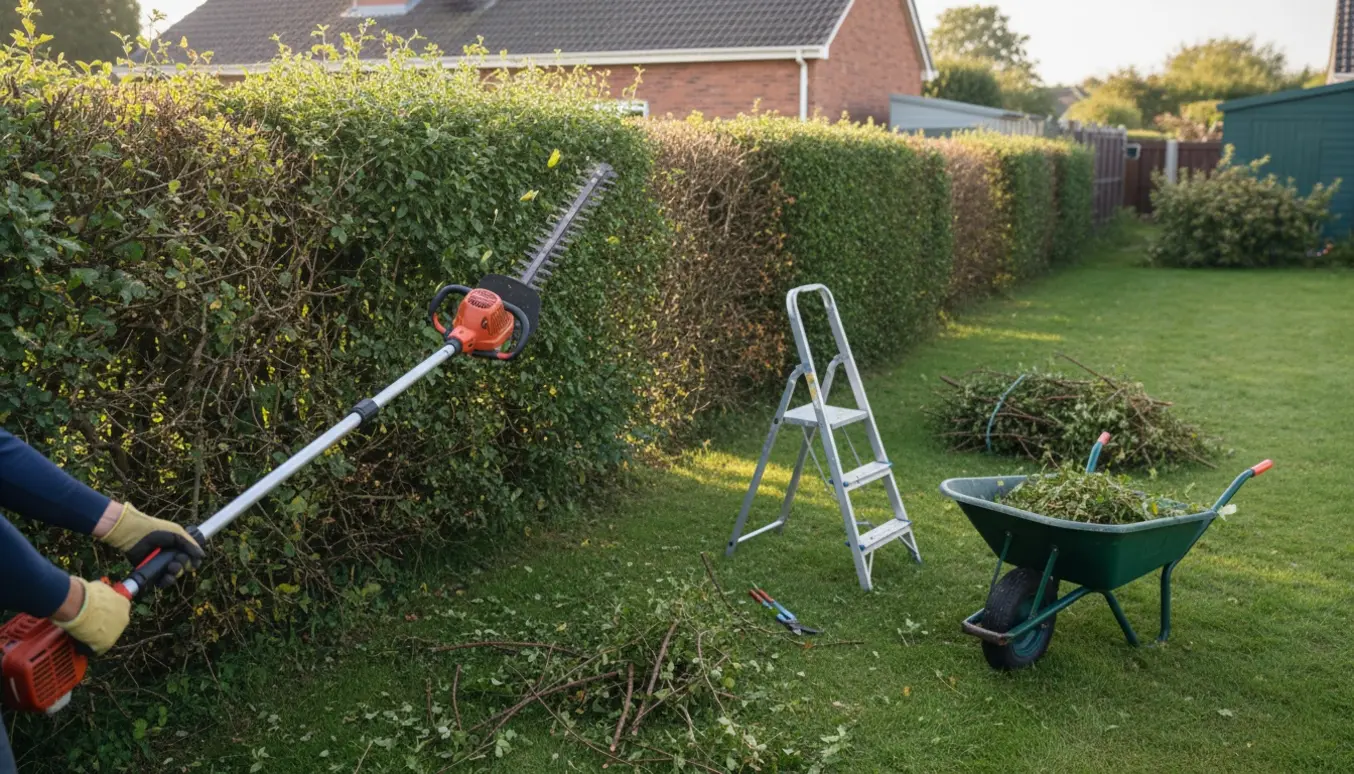 Lang tjørnehæk formklippes med stanghækkeklipper og trillebør fyldt med afklip i forgrunden.