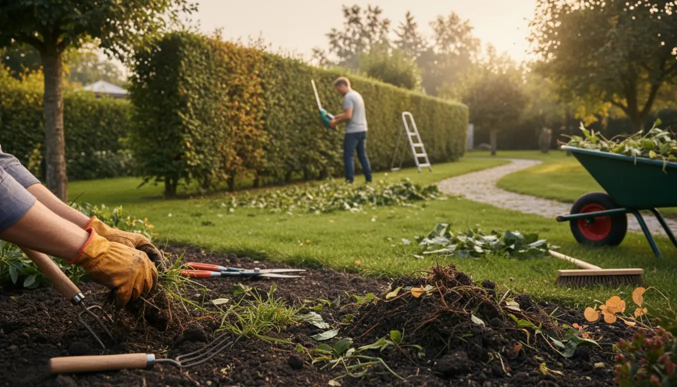 Hækkeklipning og lugning i en solrig have med handsker, rive og en nyklippet hæk i baggrunden.