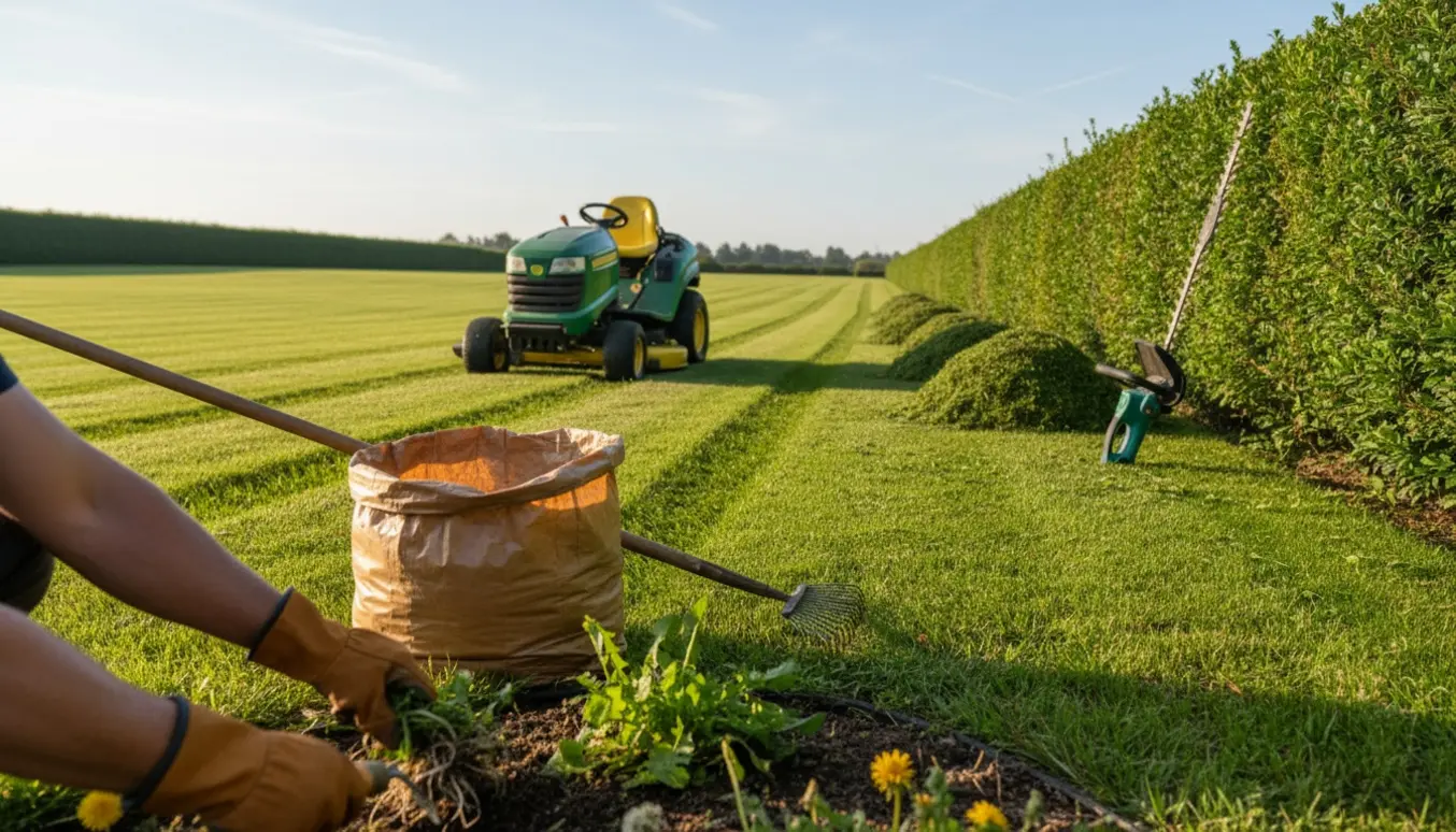 Ride-on plæneklipper, beskårne hække og hænder, der fjerner ukrudt på et stort, nyklippet græsareal.