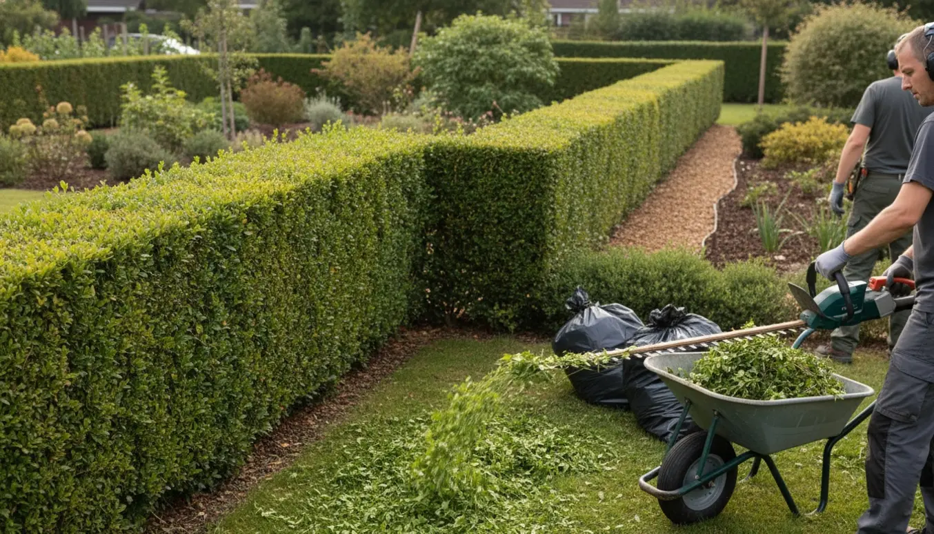 Beskæring af 50 m ligusterhæk ved et 90-graders hjørne med trillebør fyldt med afklip.