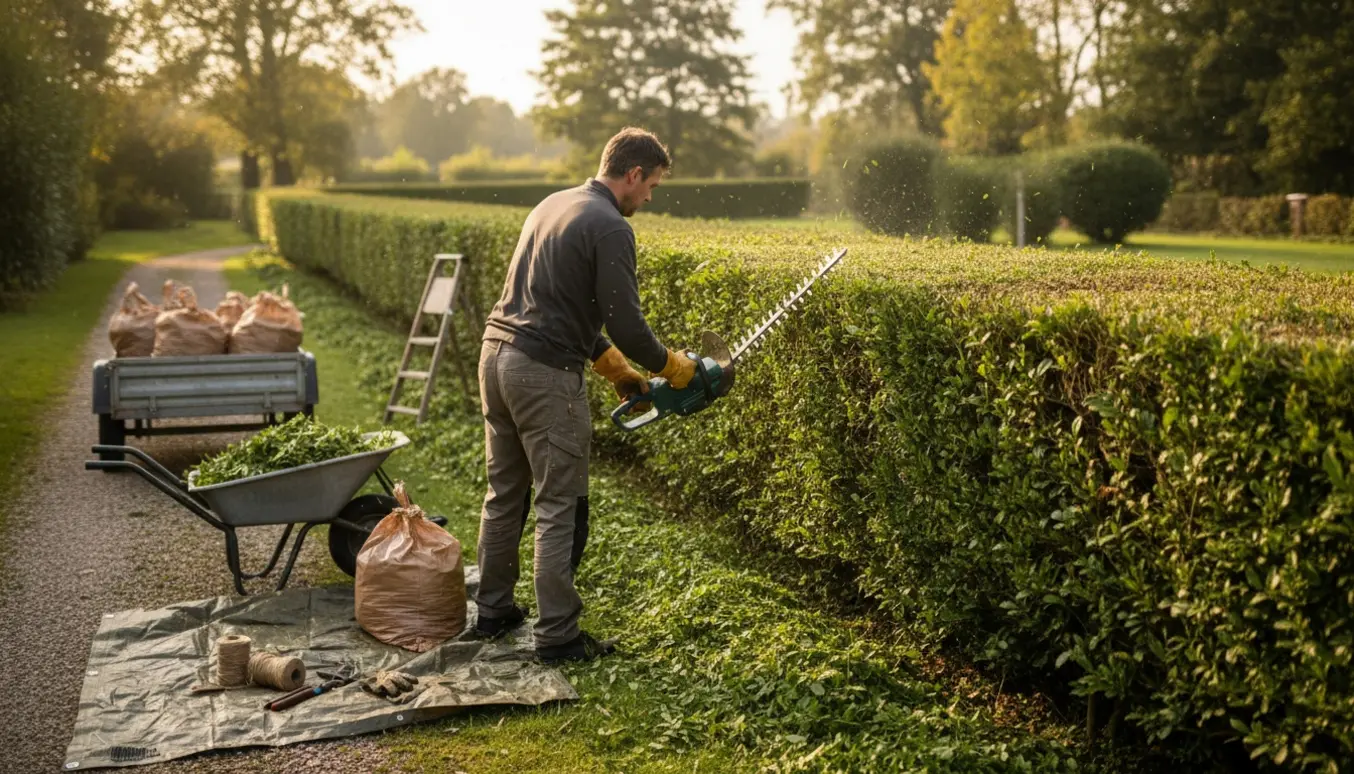 En havearbejder trimmer en lang hæk og samler afklip i trillebør og sække på en solrig morgen.