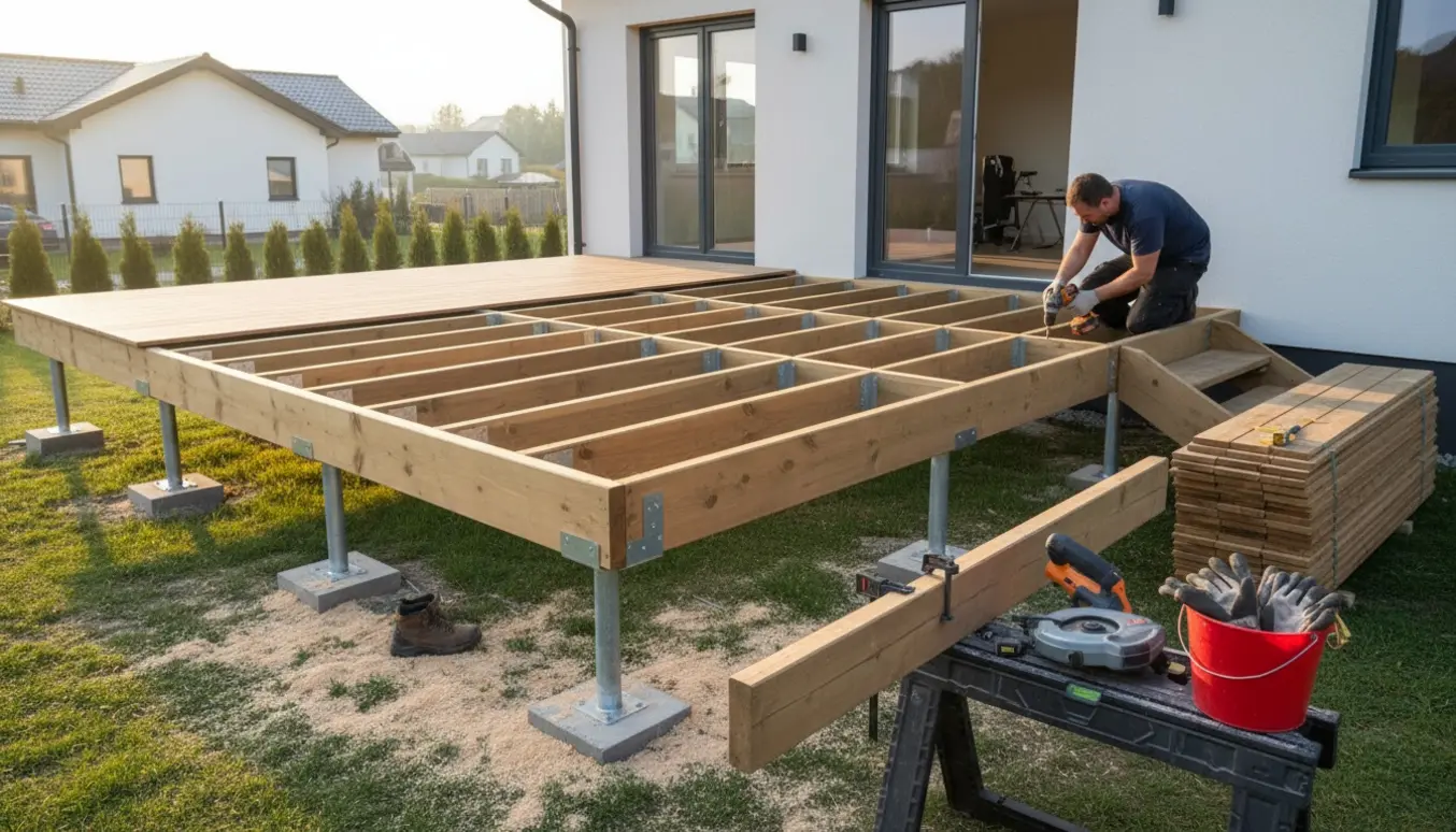 Delvist bygget træterrasse med trykimprægnerede bjælker på støbte pæle, værktøj og en trappe op til husets dør.