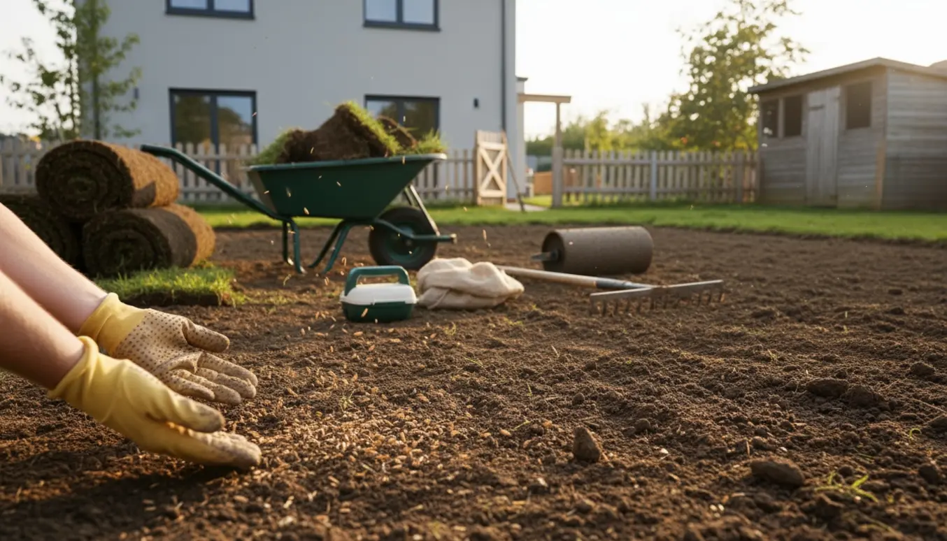 Hænder så græsfrø på et nyforberedt græsareal med opstablet rulleplæne og haveværktøj i baggrunden.