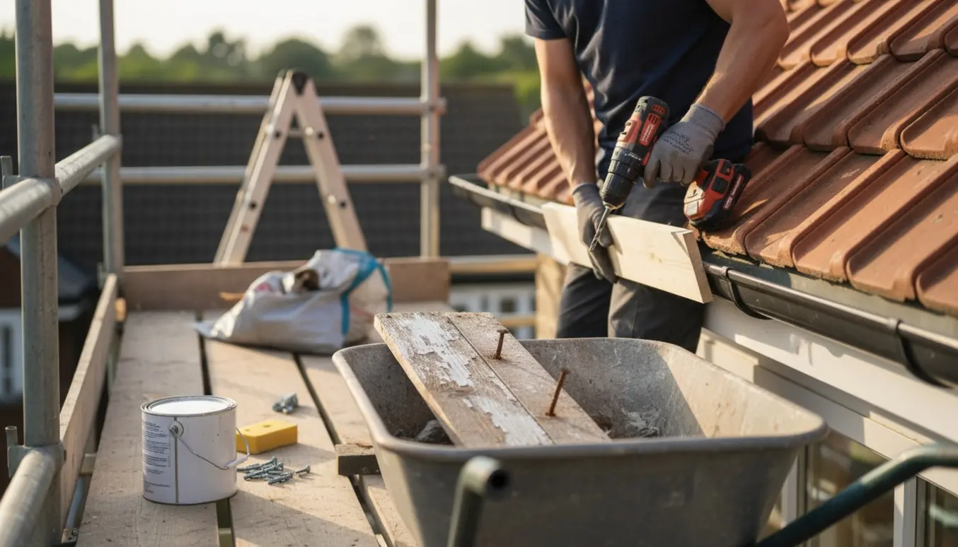 Nærbillede af udskiftning af sydvendt vindskede med nye træbrædder og aflæsning af gamle brædder i en trillebør.