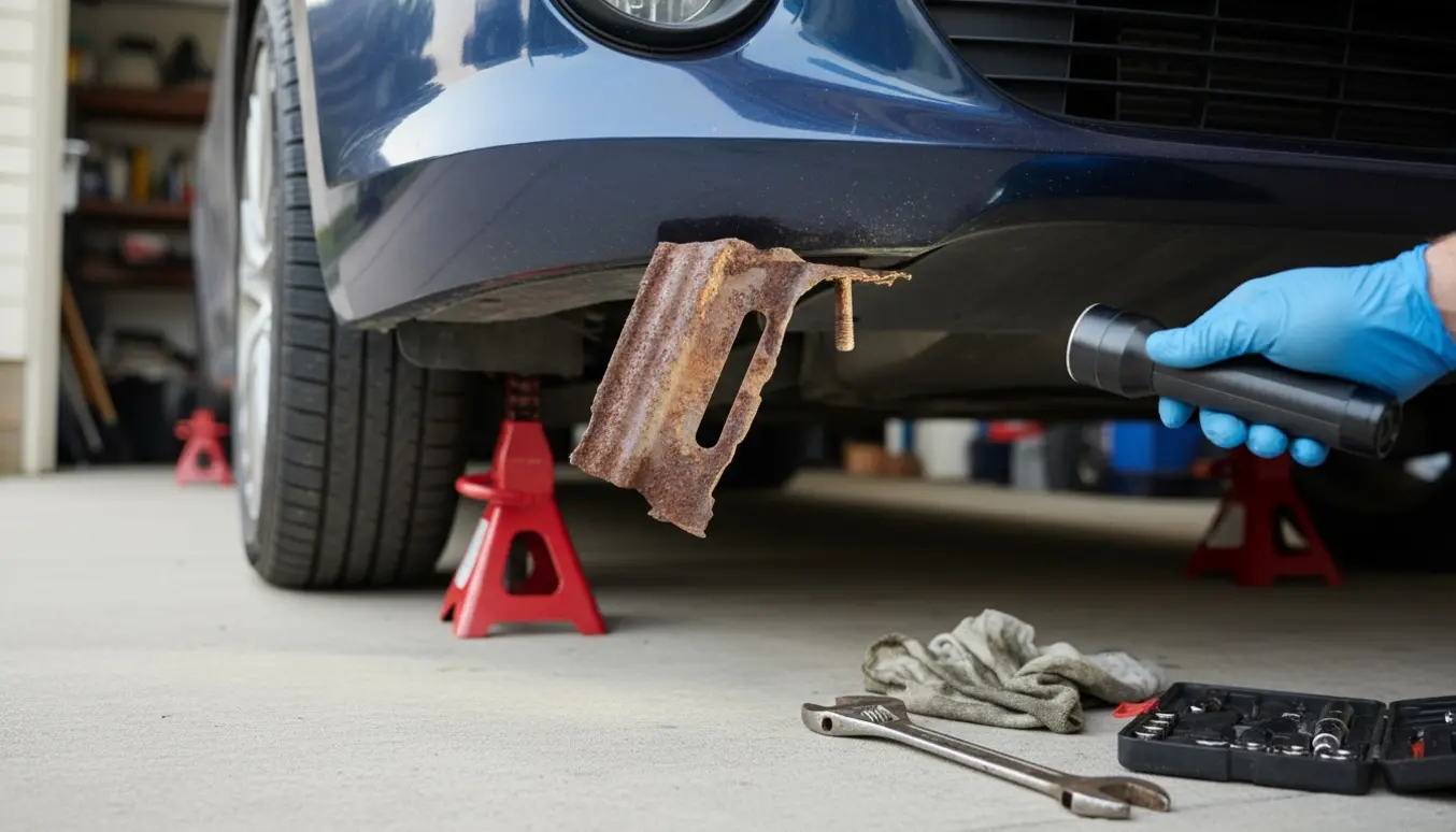 Nærbillede af bilens forreste underside med et metalstykke hængende ned og værktøj ved siden af.