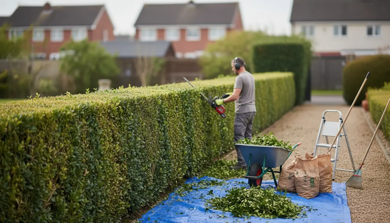 Lang ligusterhæk under trimning i en velordnet have med opsamlede afklip og en trillebør klar til bortkørsel.