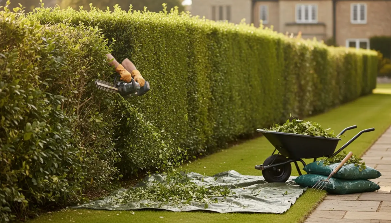 Sommerbillede af en lang hæk, hvor den ene side klippes med hækkeklipper og afklip ligger på en presenning ved en trillebør.
