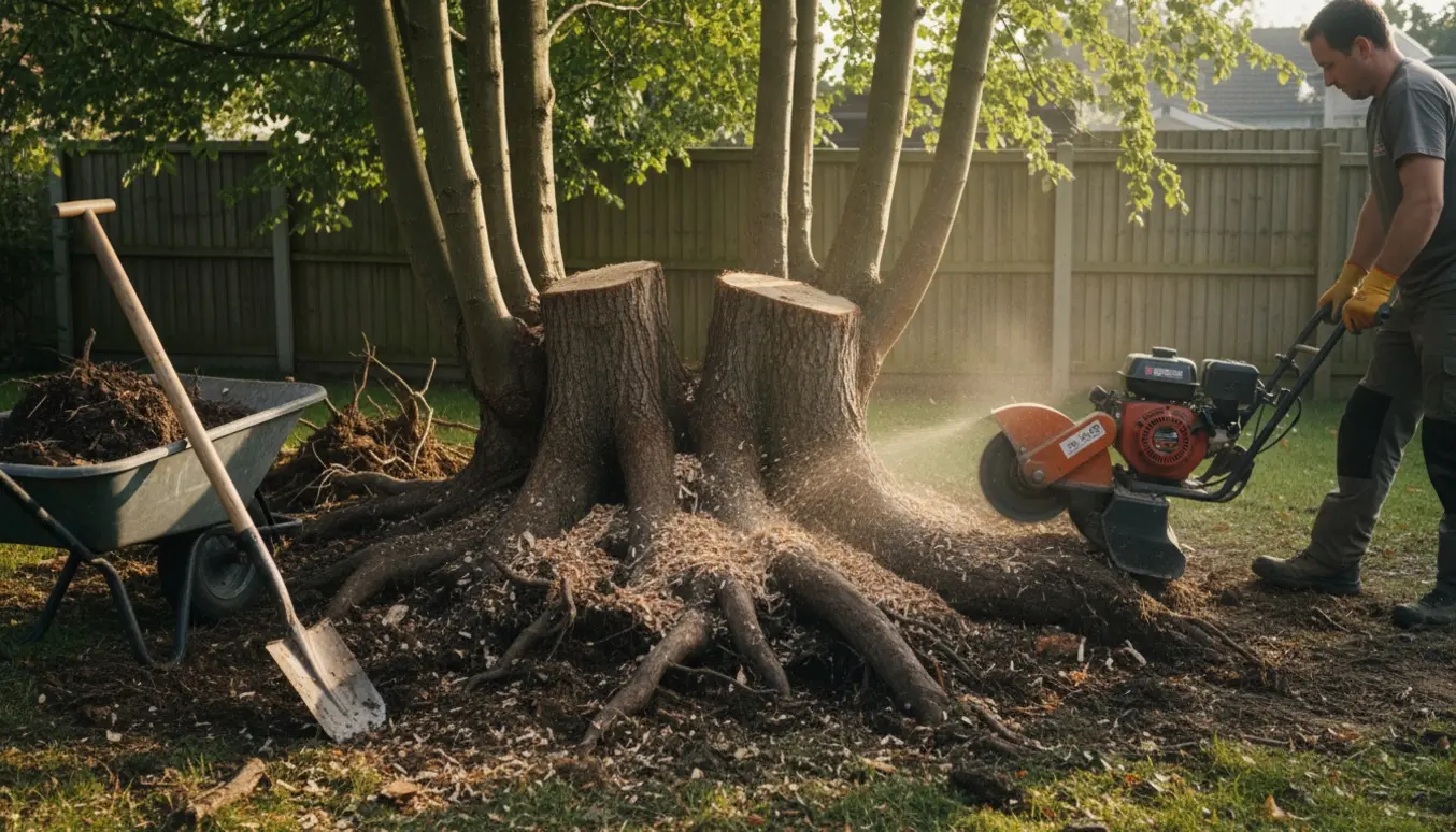 To hasseltræsstubbe i en have omgivet af flis og værktøj under rodfræsning.