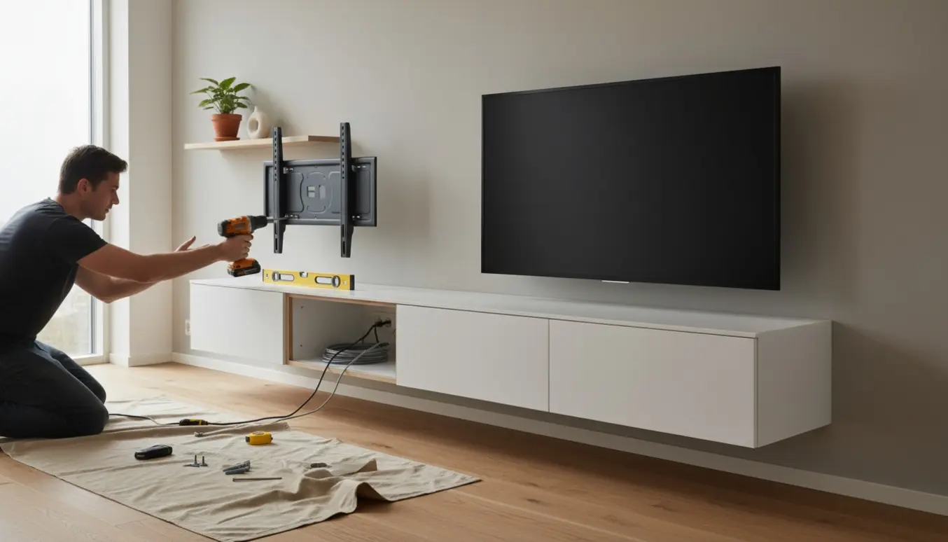 Vægmonteret fladskærm og hvid Bestå‑stil tv‑skænk med svævehylde under installation.