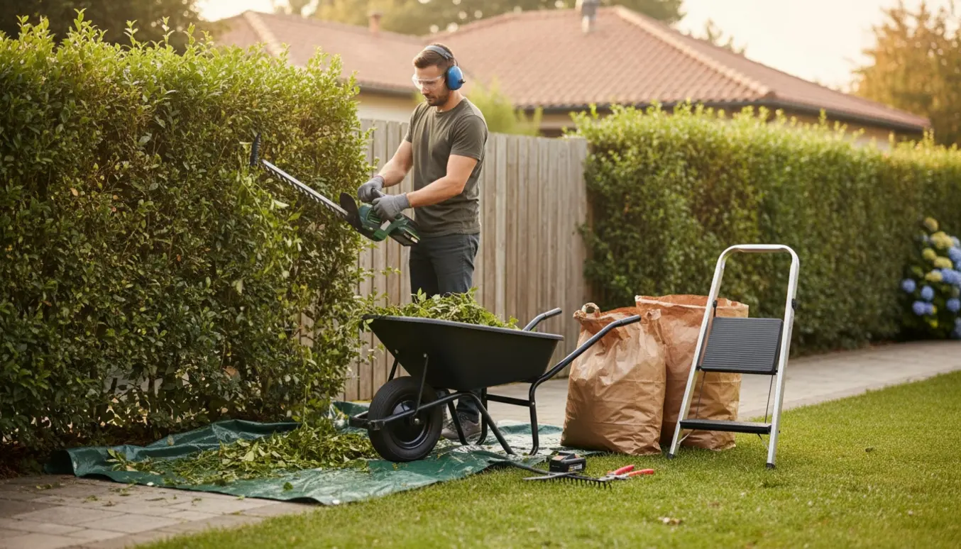 Person trimmer en cirka 2 m høj hæk set bagfra, mens afklip samles i trillebør og haveposer.