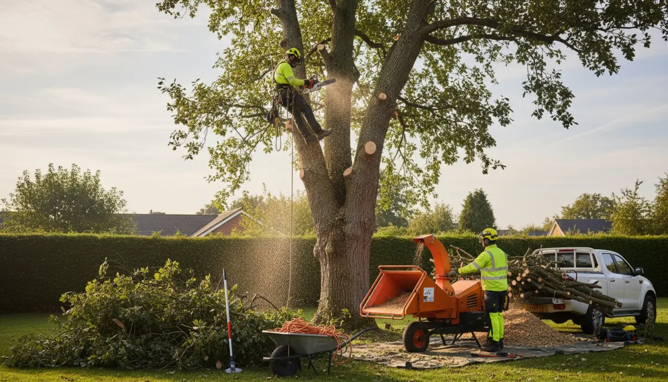 Arborister beskærer en høj egetræskrone, mens afskårne grene samles og forberedes til bortskaffelse.
