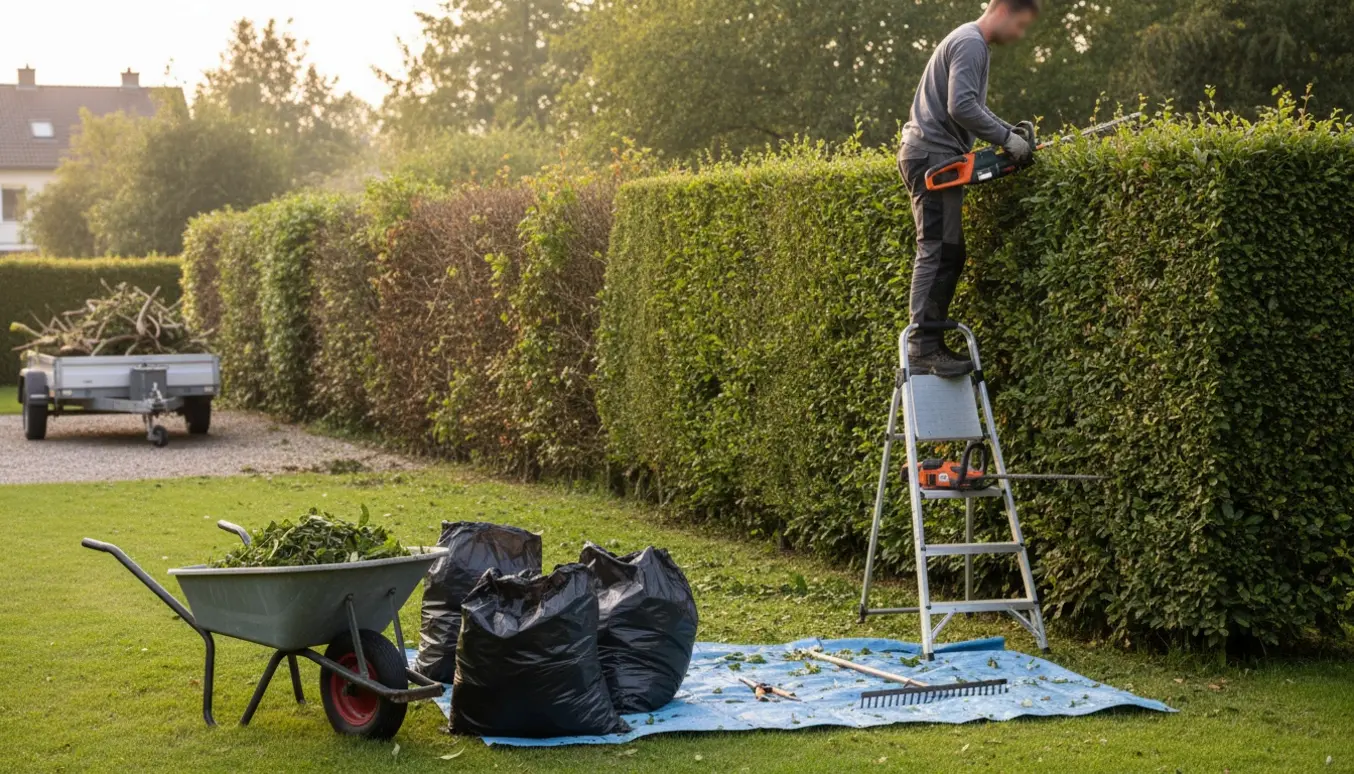 En arbejder klipper en lang hæk på cirka 1,7 m højde med værktøj og opsamlede afklip klar til bortskaffelse.