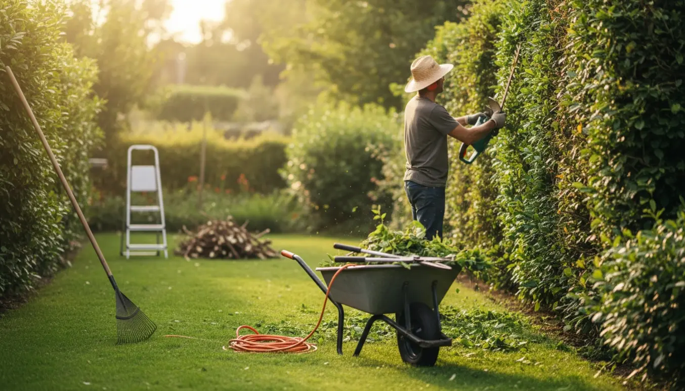 En havearbejder set bagfra klipper en lang hæk med hækklipper, omgivet af haveredskaber og afklip.