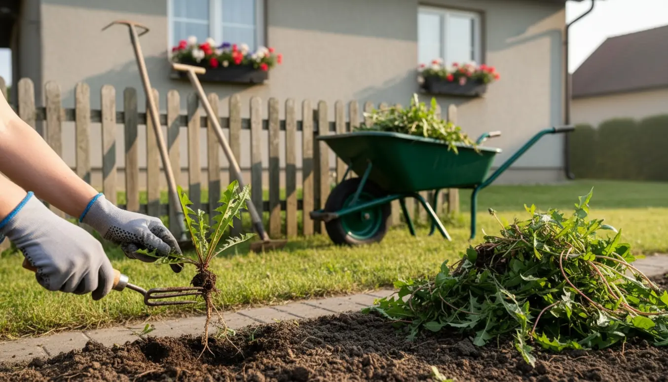 Nærbillede af havehandsker, der trækker ukrudt op i en pæn udlejningshave med en trillebør i baggrunden.