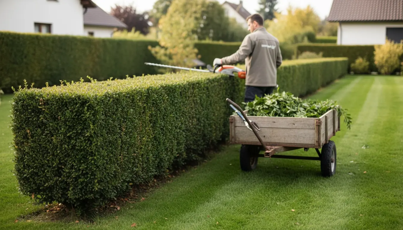 Hæk bliver klippet og friskt afklip læsses på en åben trailer i en solrig have.