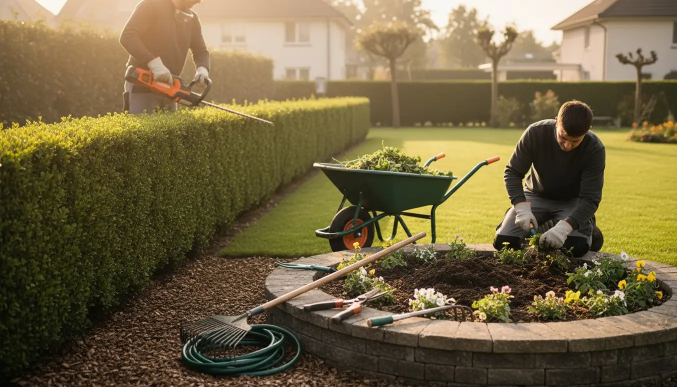 Håndværk i have: beskæring af hæk og en person der luger et blomsterbed med haveredskaber.