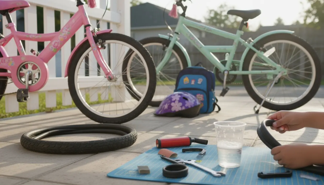 To pigecykler med flade dæk, hvor hænder lapper en slange med lappekit i en solbelyst indkørsel.