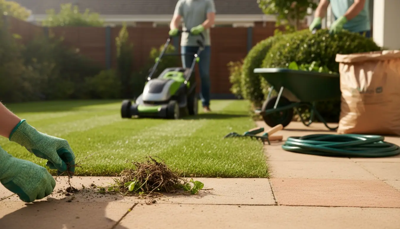 Nære hænder fjerner ukrudt mellem fliser ved en nyslået plæne med beskårne buske i baggrunden.