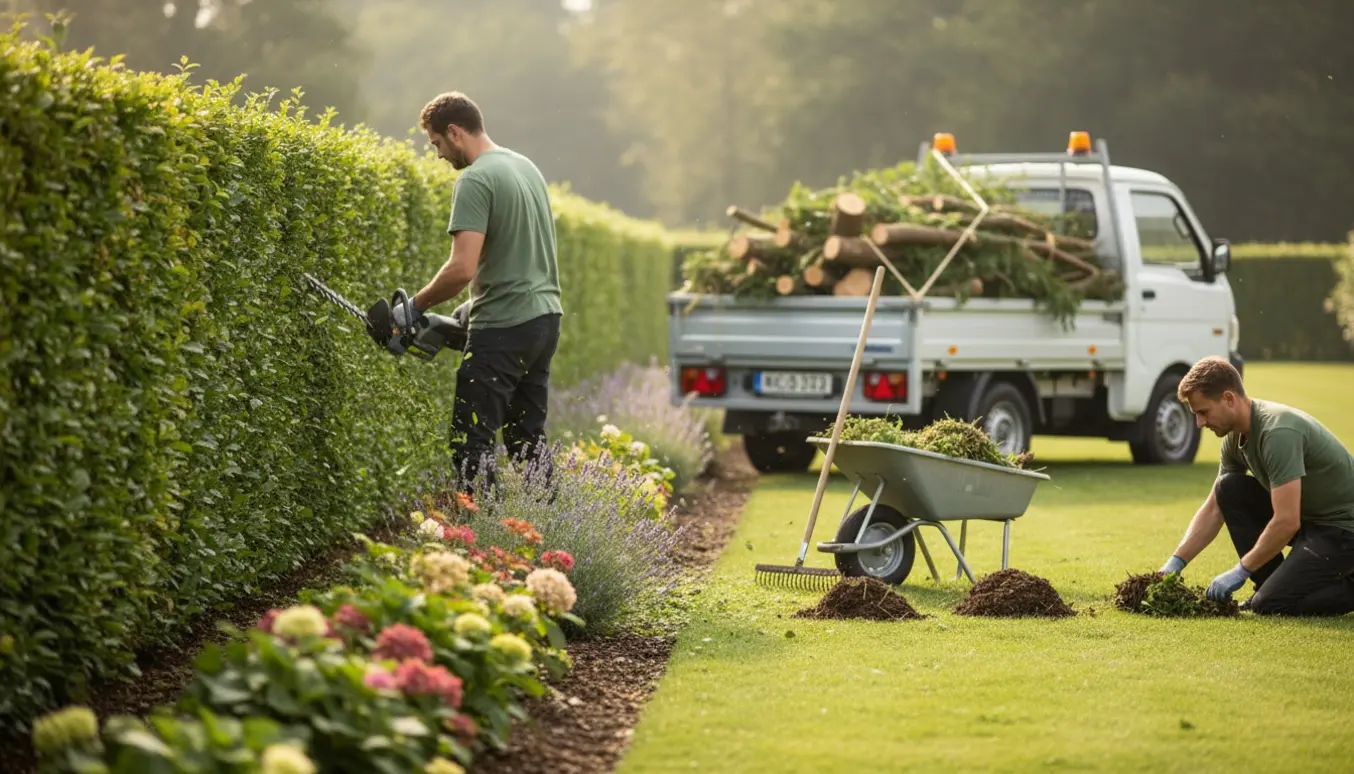 Personer klipper en lang 75 m hæk og luger et bed med en trailer fyldt med grene i baggrunden.