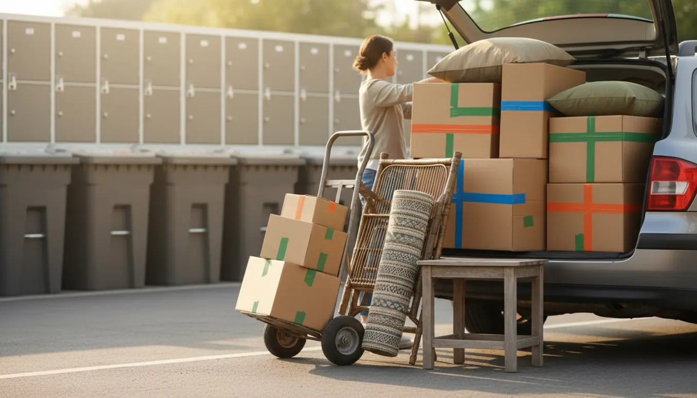 Flyttekasser, havemøbler og en flyttevogn ved en afleveringsplads klar til genbrug og bagageopbevaring.