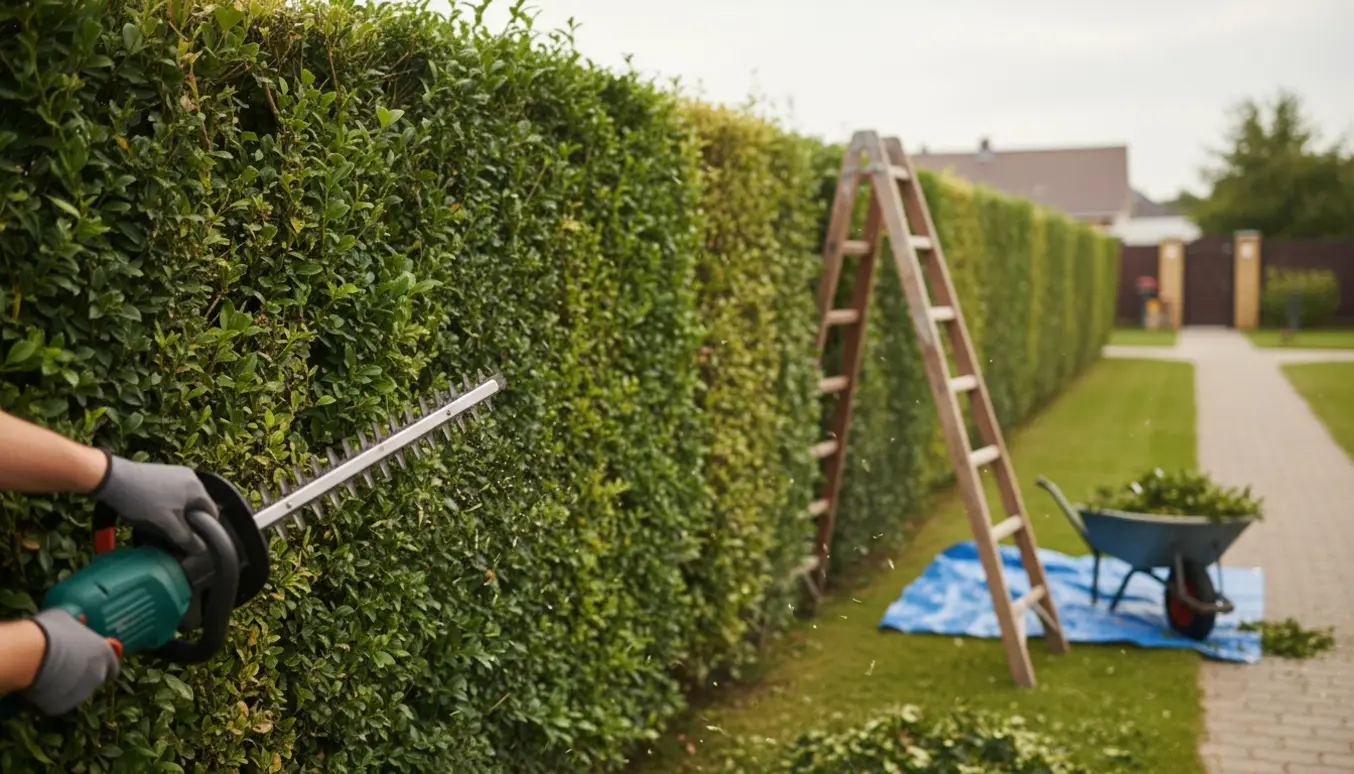 En hæk klippes fra siden og toppen med en batteridrevet hækkeklipper, stige og bunker af afklip klar til bortkørsel.