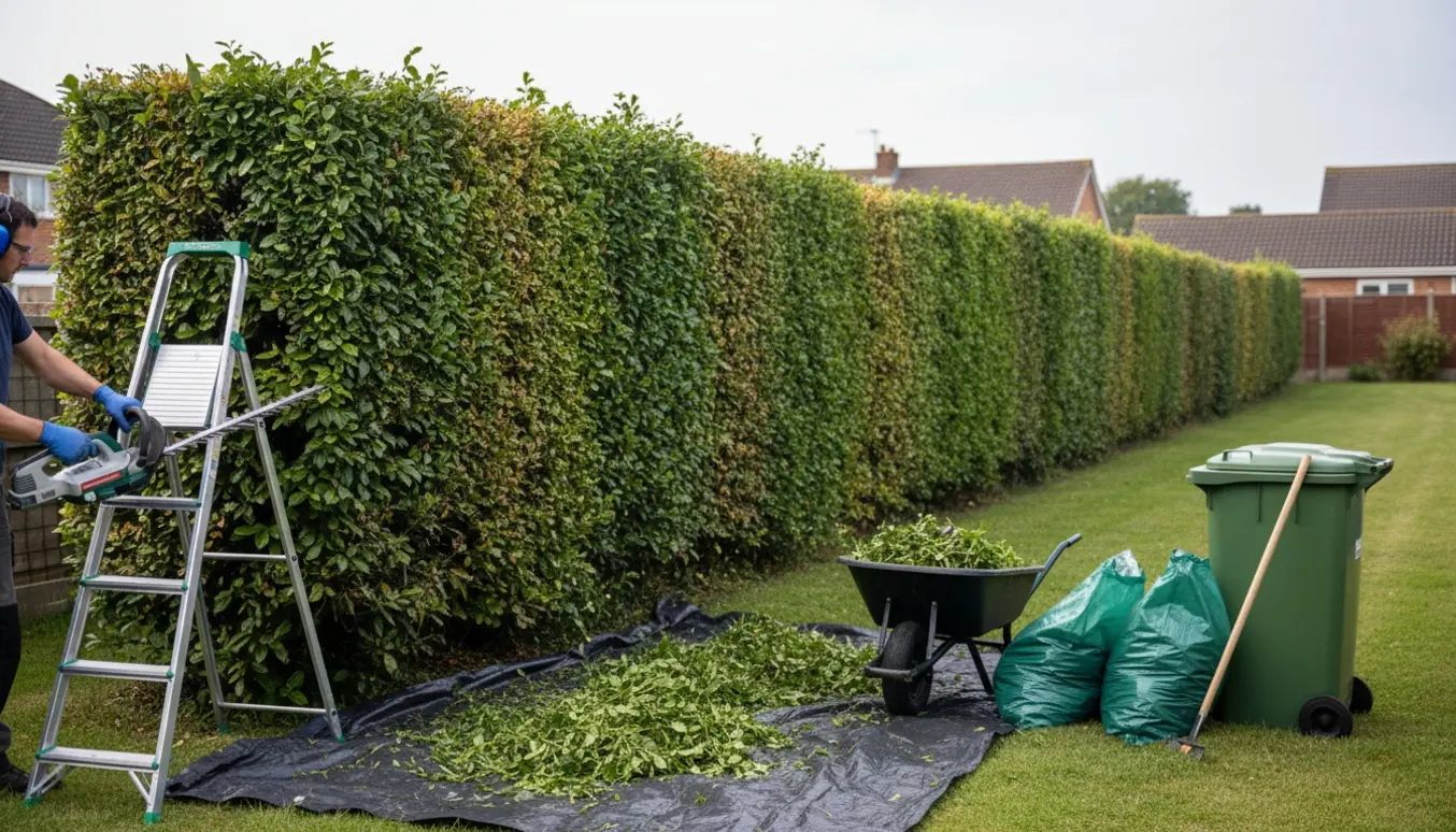 Person trimmer en lang hæk med stige, havetrimmer og fyldte affaldssække klar til bortkørsel.