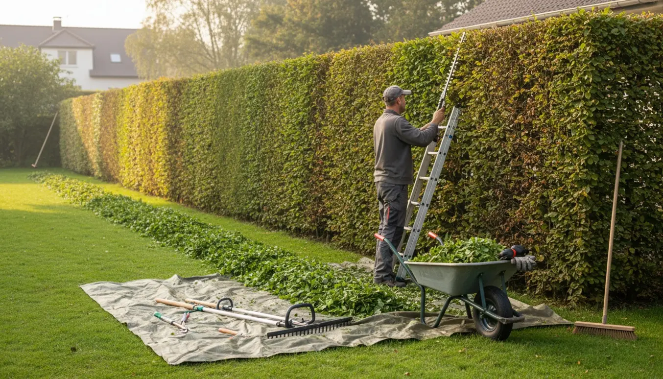 En havearbejder trimmer en lang bøgehæk set fra siden med afklip og værktøj samlet ved siden af.