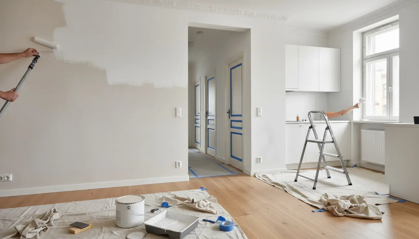 Stue under maling med frisk hvid væg, malerrulle, hands-on arbejde ved stuk og døre, og malertape på paneler.