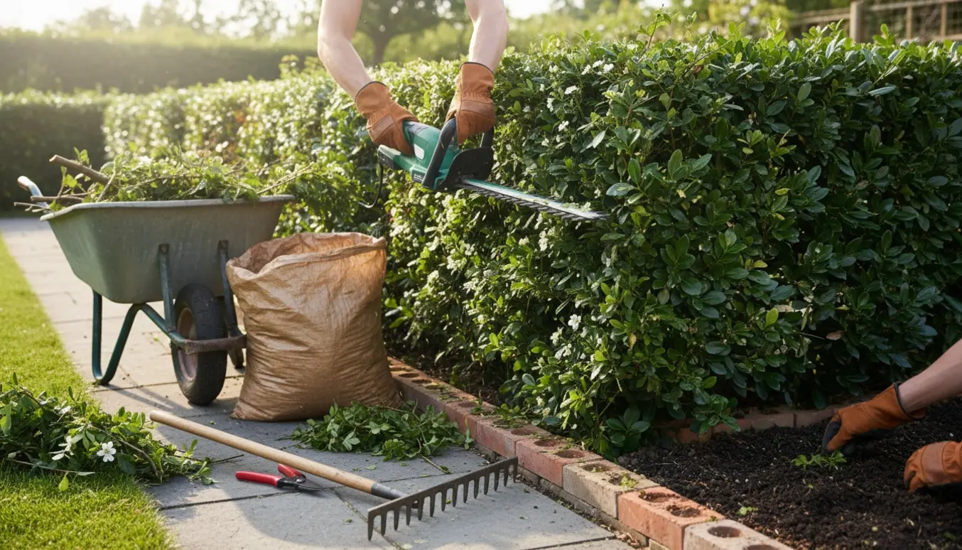 Hækkeklipning af tjørn- og ligusterhæk med trimmer, handsker og trillebør ved et nyrenset bed.