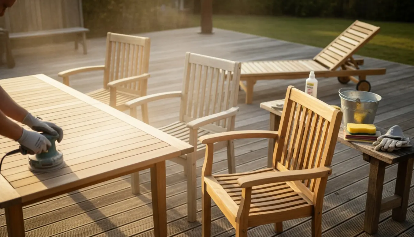 Hænder sliber teak havemøbler med rystepudser og håndslibning på en træterrasse.