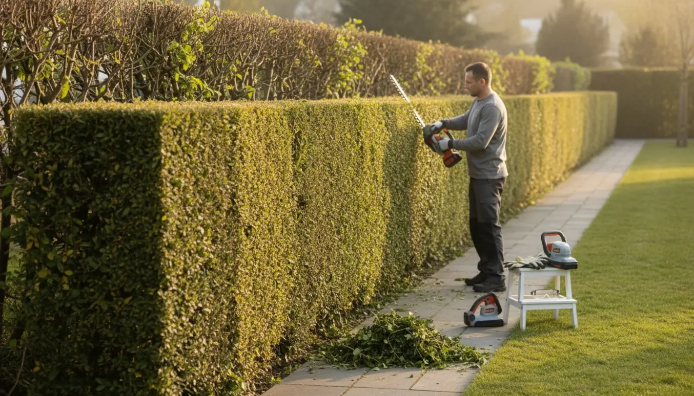 Lang hæk med én nyligt klippet side, grønt afklip ved fod og hækklipper i brug set bagfra i blødt morgenlys.