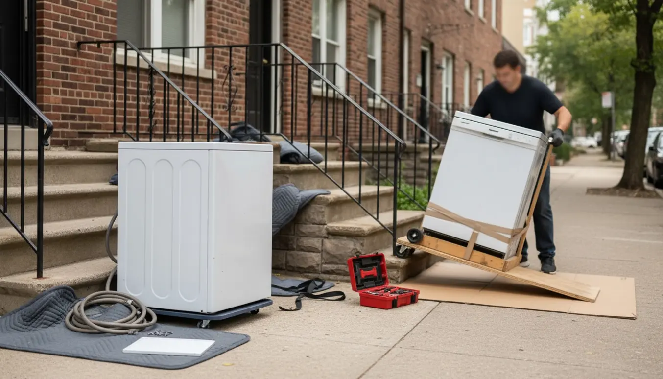 Vaskemaskine og opvaskemaskine på fortovet med flytteudstyr og afmonterede dele, flyttemænd uden tydelige ansigter.