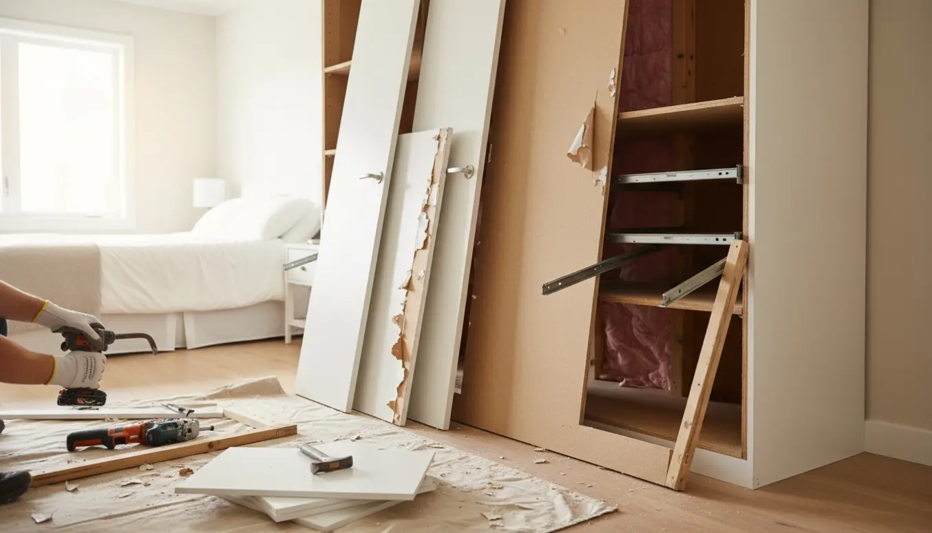 Arbejde med at fjerne et indbygget skab i et lyst soveværelse med værktøj og savsmuld.