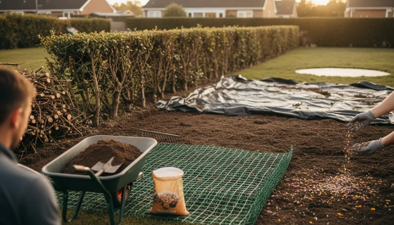 Havearbejde med fjernet ligusterhæk, sort plastik trukket væk og forberedt plæne klar til såning af markblomster.