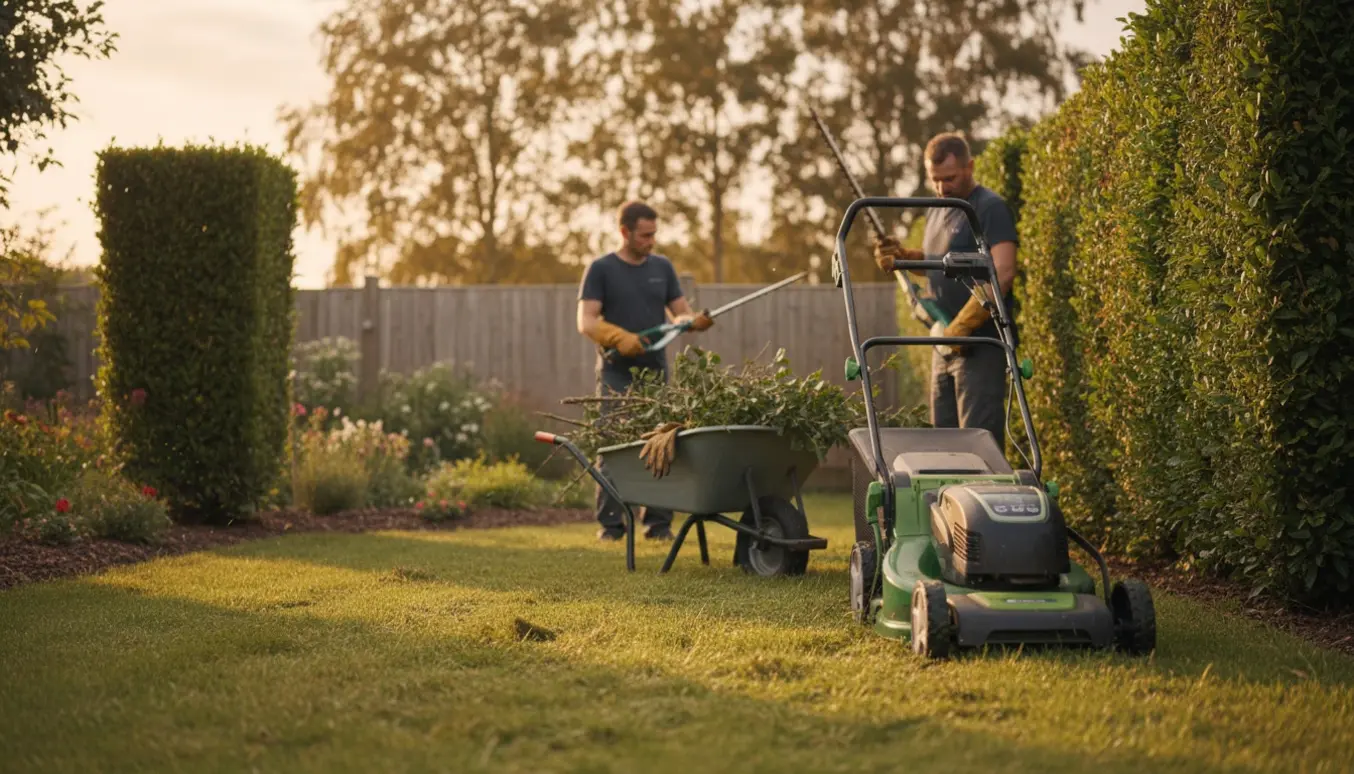Overgroet græsplæne slås og hække klippes, med klippede brambær samlet i en trillebør.