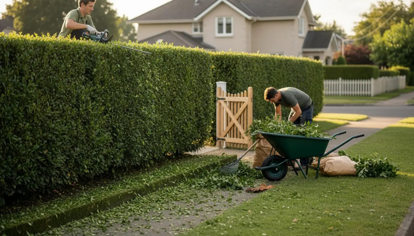 En person trimmer en hæk på en hjørnegrund, mens afklip samles i en trillebør og sække.