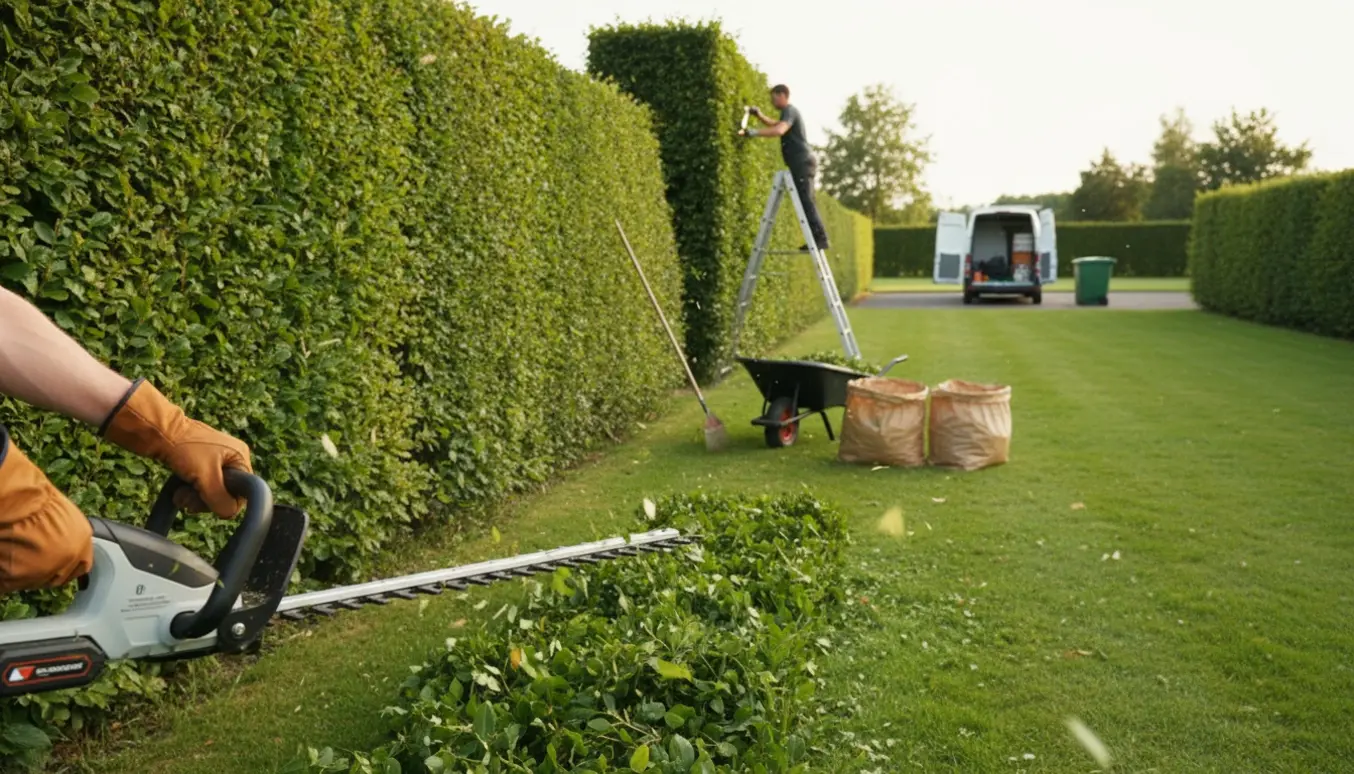 Lang bøgehæk bliver klippet med trimmer, afklip samles i trillebør og sække ved siden af græsplænen.