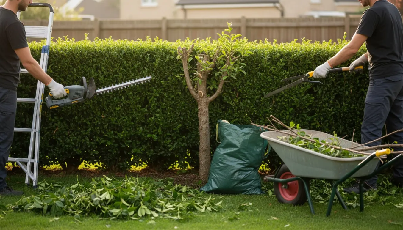 En handske-beklædt havearbejder beskærer en hæk og fjerner et lille træ, afklip læsses i en trillebør.